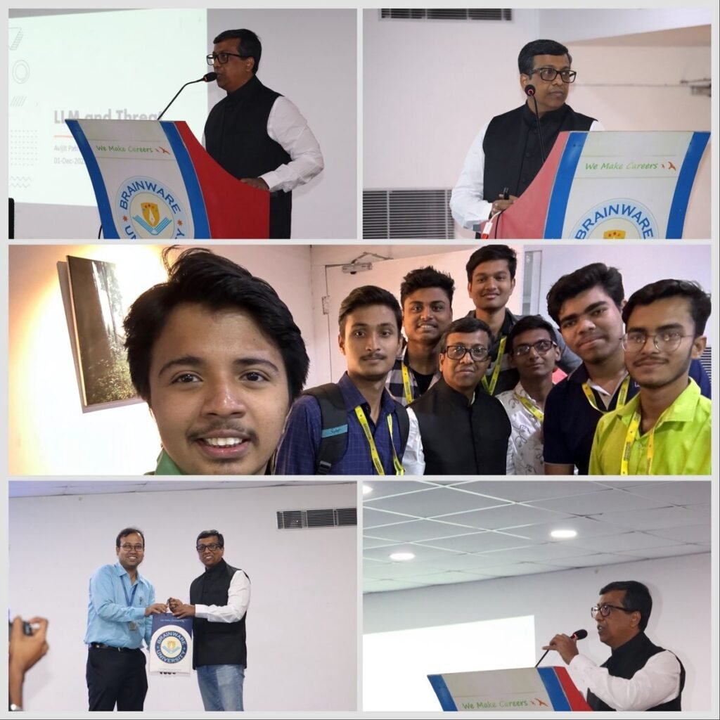 Avijit Patra speaking on LLM and Threats at Brainware University SecCon 2023, December 1 2023 - photo collage