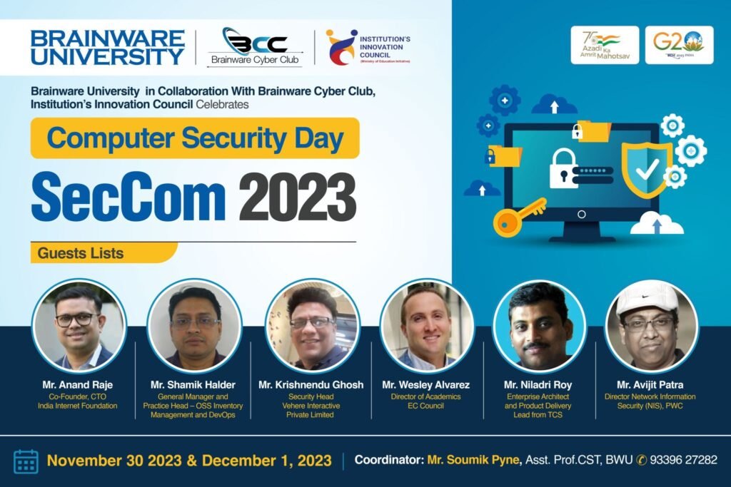 Brainware University SecCon 2023 event promotional poster featuring Avijit Patra