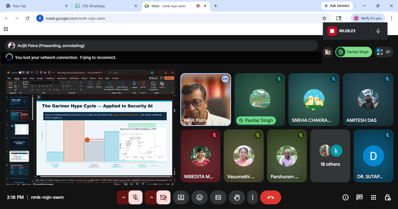 Avijit Patra delivering keynote on AI security at Brainware University Faculty Development Program, April 2026 (slide 1)