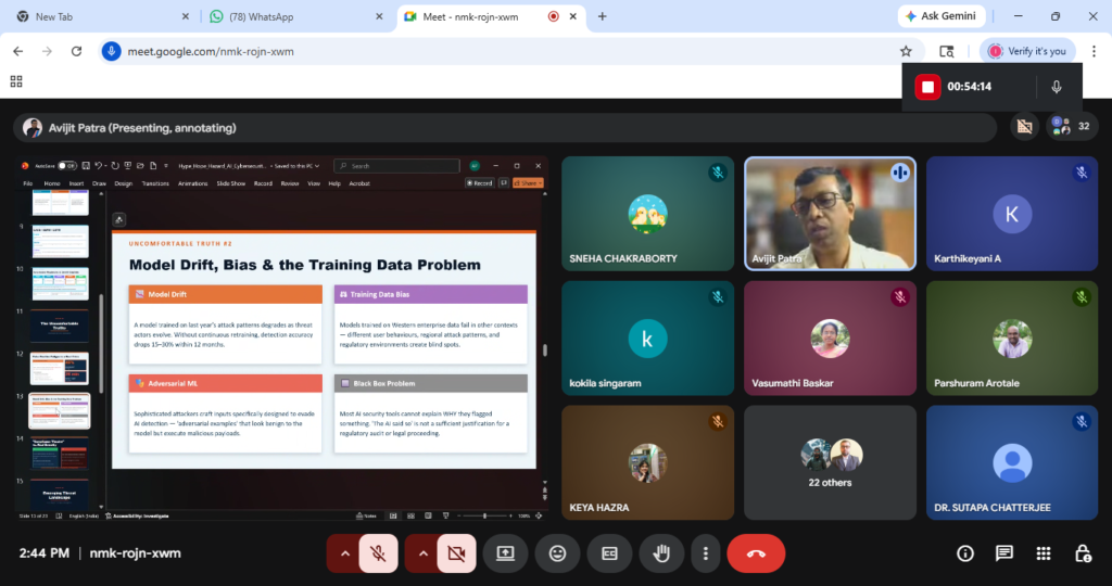 Avijit Patra delivering keynote on AI security at Brainware University Faculty Development Program, April 2026 (slide 7)