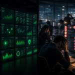 Overwhelmed security team behind green dashboards with stacked unanswered alerts