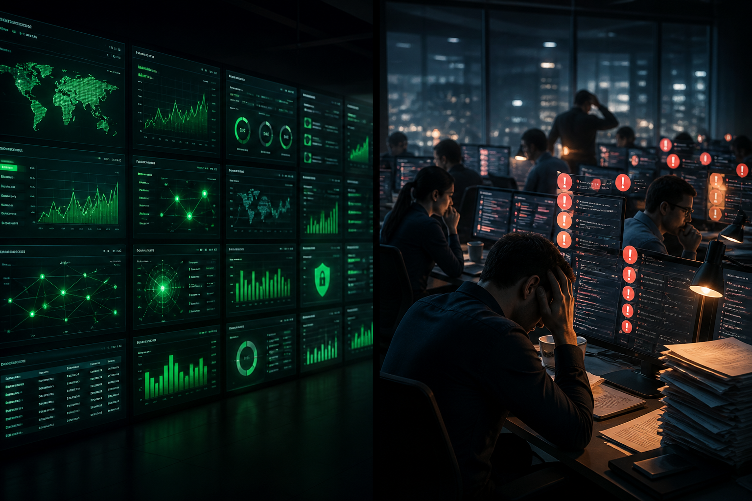 Overwhelmed security team behind green dashboards with stacked unanswered alerts