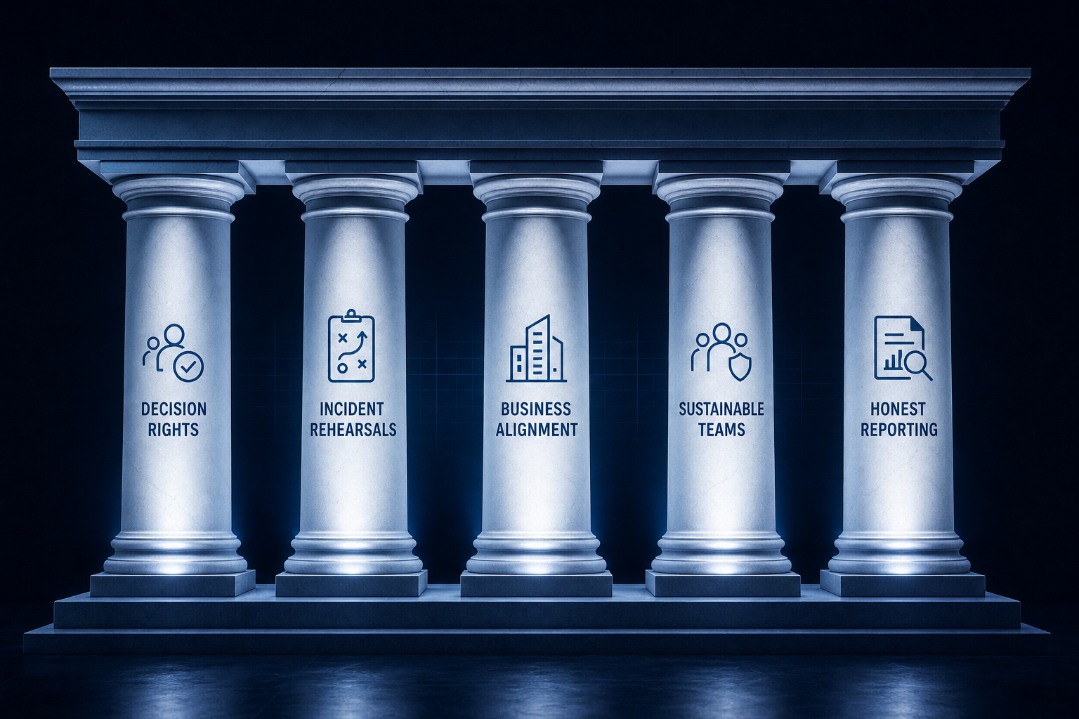 Five pillars: Decision Rights, Incident Rehearsals, Business Alignment, Sustainable Teams, Honest Reporting
